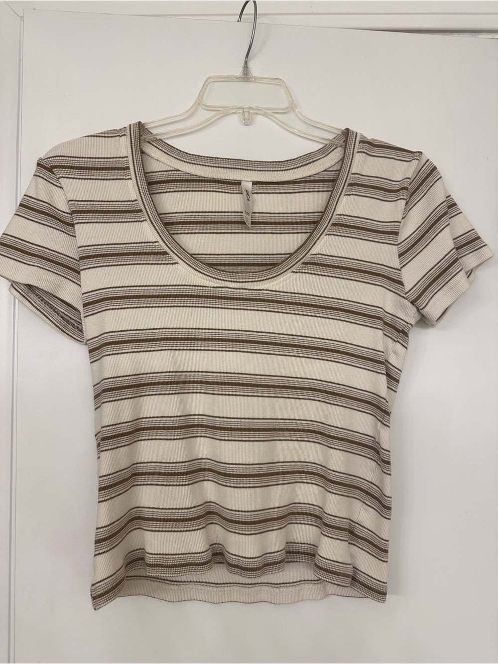 RVCA Women's Short Sleeve Scoop Neck Tee in Cream & Brown Stripes